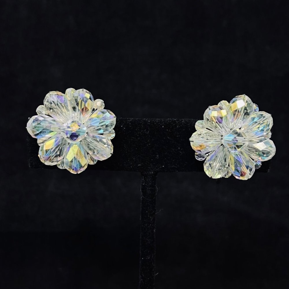 Vintage Aurora Borealis Glass Bead Clip On Earrings (4988)